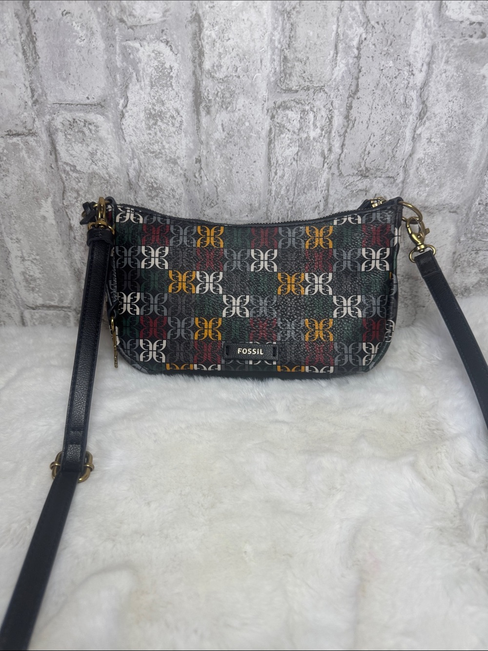 Fossil Black Multi Logo Print Crossbody